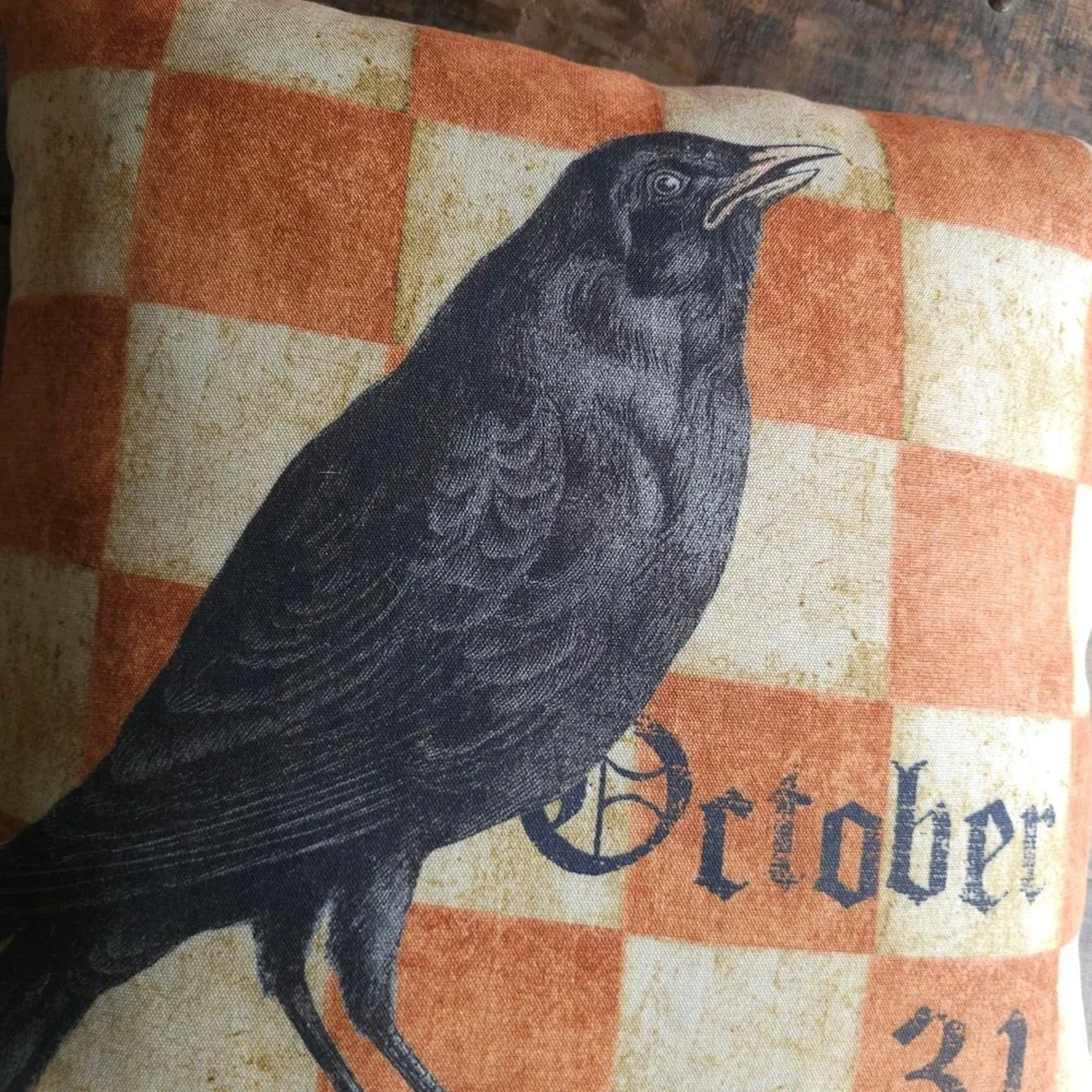 Pottery Barn Halloween Crow Raven October 31 Checkered Pillow 20
